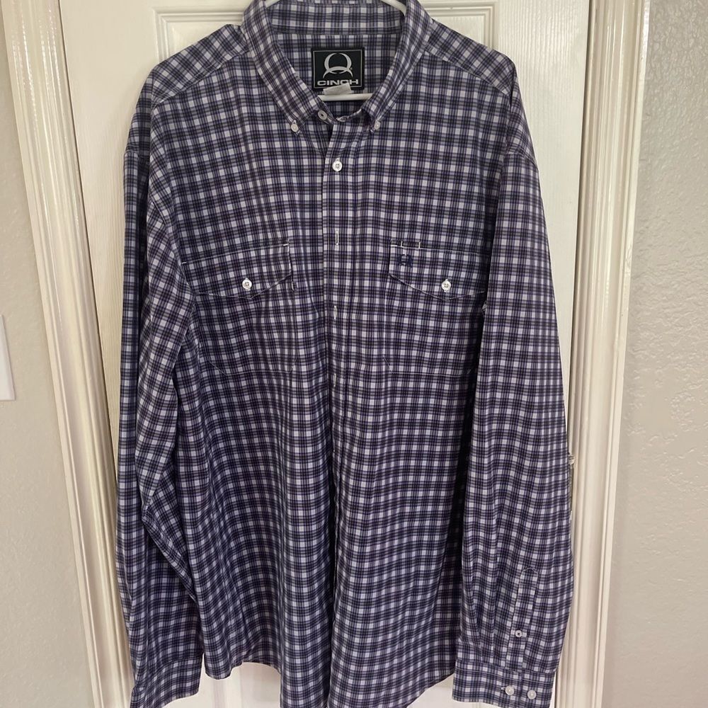Cinch purple black and white long sleeve plaid shirt, size XXL